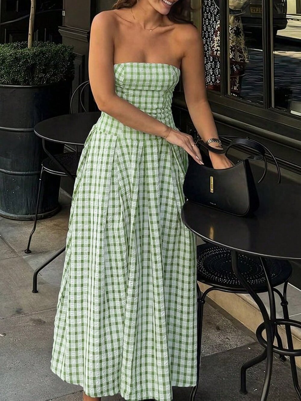 Mint Green Casual Women's Plaid Print Tube Dress
